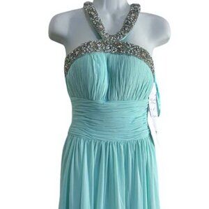 Angela and Alison Baby Blue Beaded Halter Chiffon Gown